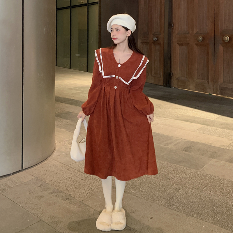Real photos of high-quality original French retro lapel dress slimming strap waist long skirt autumn