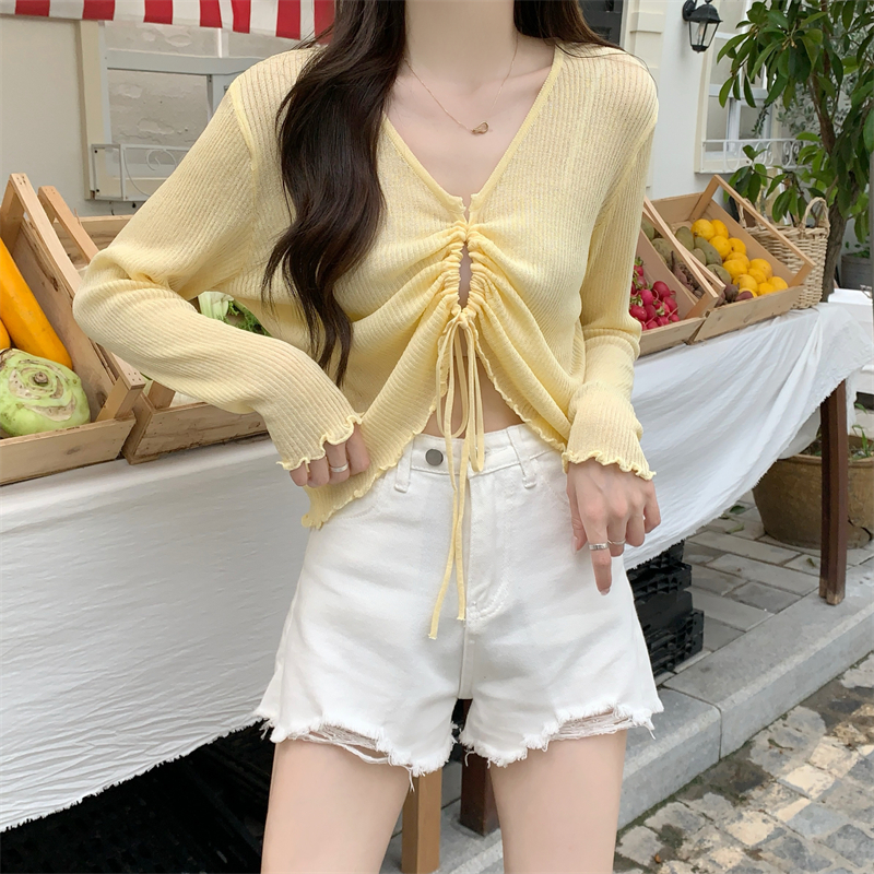 Actual shot of the new Korean design V-neck drawstring fungus side sunscreen air-conditioning blouse sweater top for women