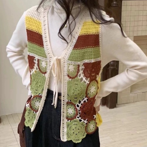 Real shot of lace-up cardigan crocheted knitted vest for women autumn new style retro lazy style sleeveless V-neck knitted top