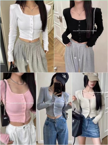 2024 Spring New Korean Style Slim Fit Square Neck Long Sleeve T-Shirt Women's Solid Color Versatile Bottoming Shirt Top T-Shirt Trendy