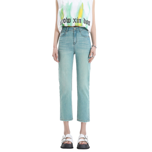 2024 spring and summer new color turquoise high-waisted slim straight jeans for women stretch nine-point raw edge cigarette pants