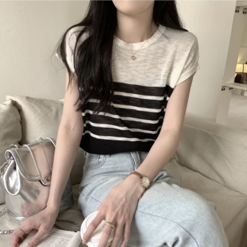 Bamboo linen Korean style refreshing and comfortable slightly see-through contrast striped loose short-sleeved knitted top