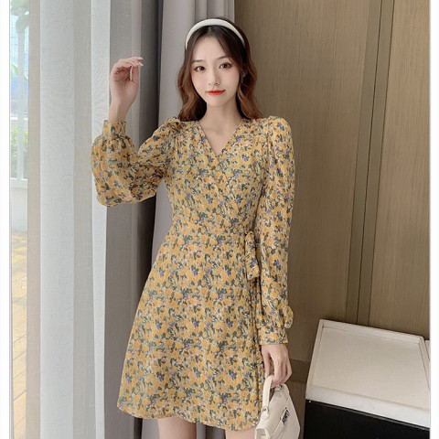 2024 New Autumn Skirt Floral Long Sleeve Dress Women's Retro French Style Slim A-Line Small Person