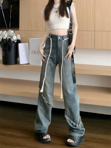 Actual shot ~ Retro design niche high-waisted raw edge jeans for women high street loose slimming straight trousers