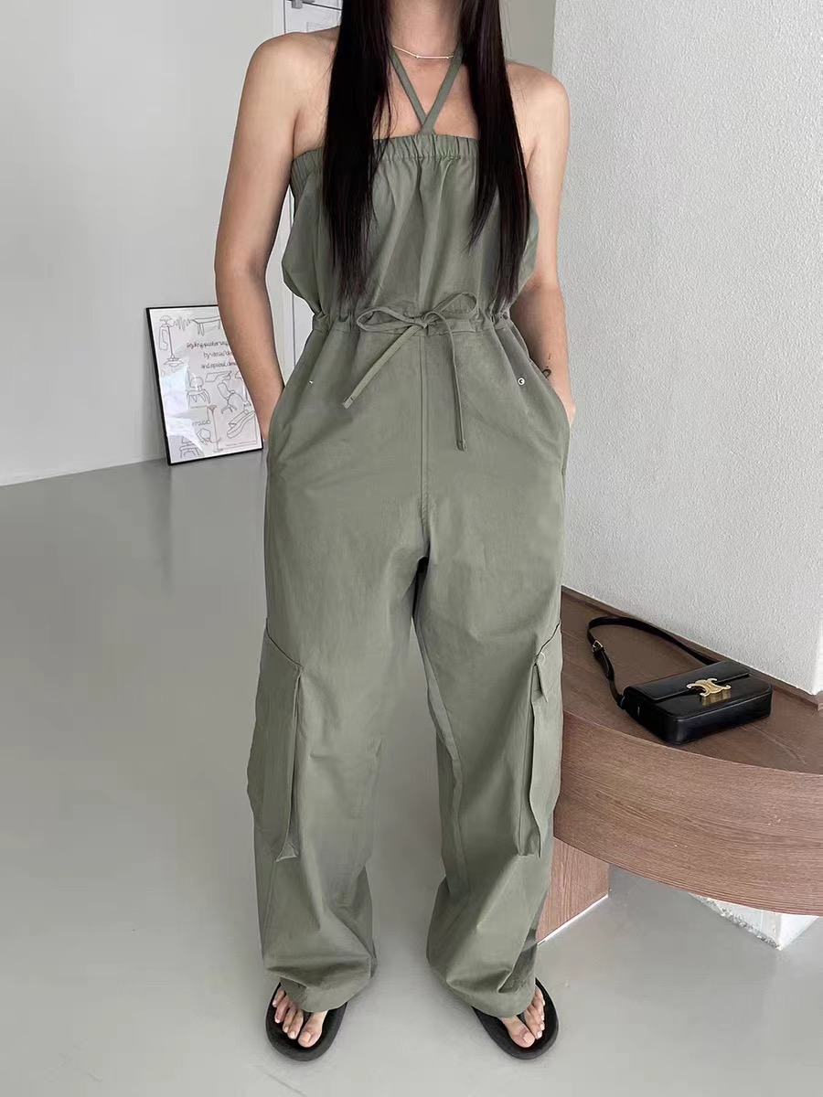 2024 Korean version of personalized two-wear casual lace-up chest pants overalls wide-leg pants