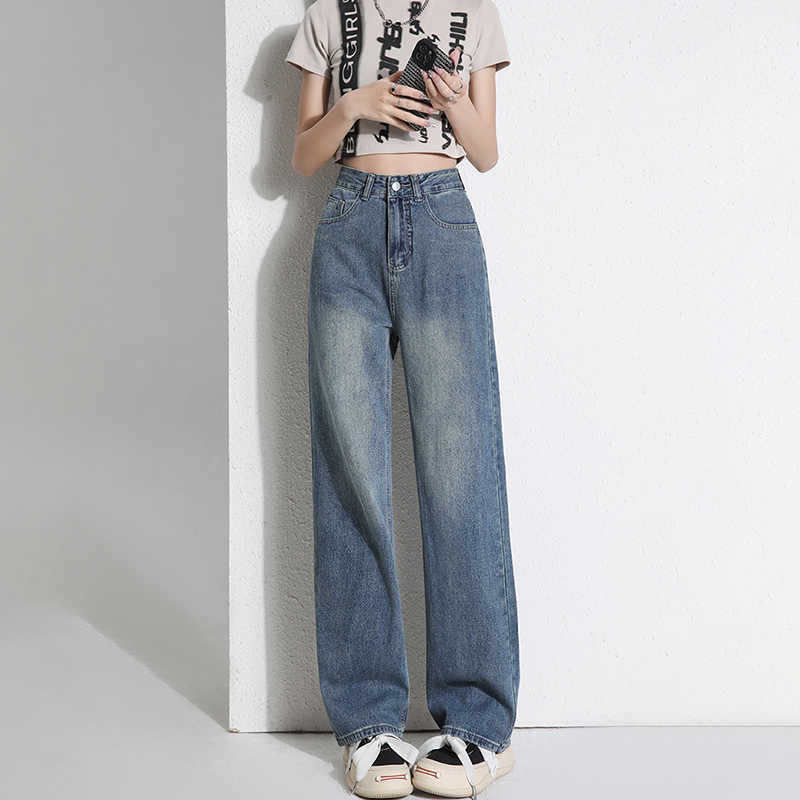 Spring and autumn new wide-leg jeans for women, high-waisted, small, straight, loose, pear-shaped, floor-length jeans