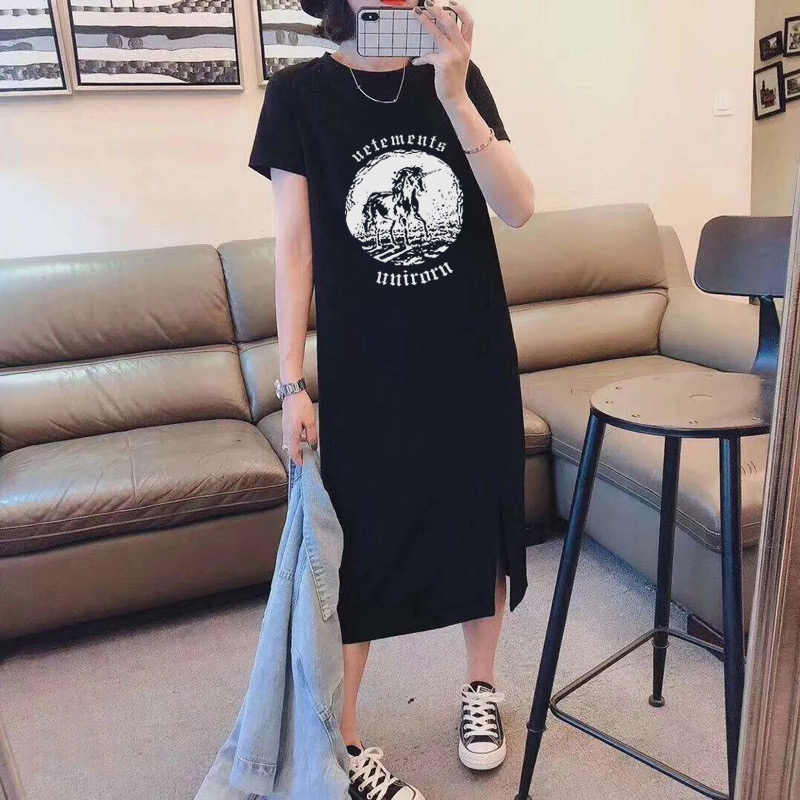 2024 summer new style pure cotton short-sleeved T-shirt dress Korean style loose large size mid-length over-the-knee long skirt dress for women