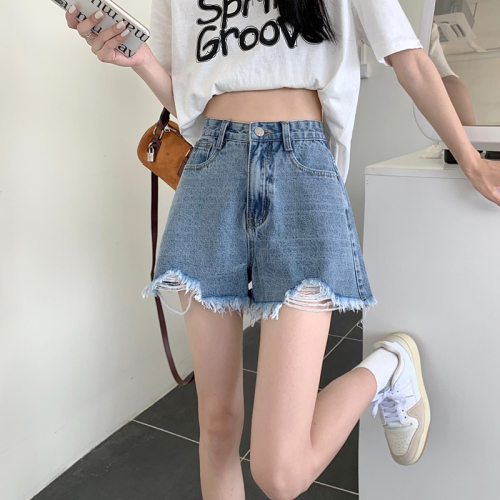 ins trendy denim shorts for women thin summer fat mm plus size fashion high waist casual raw edge wide leg a line hot pants