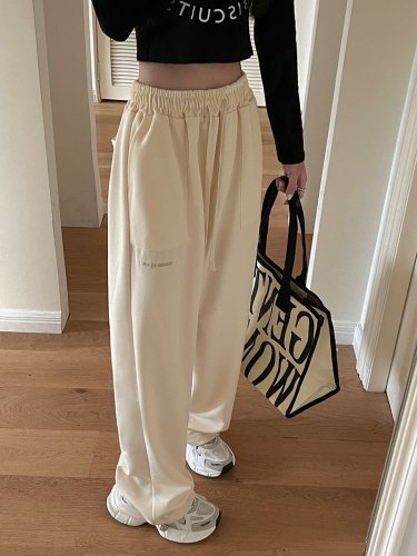 Real shot 250g twill spring sweatpants embroidered women's straight drawstring casual sports pants