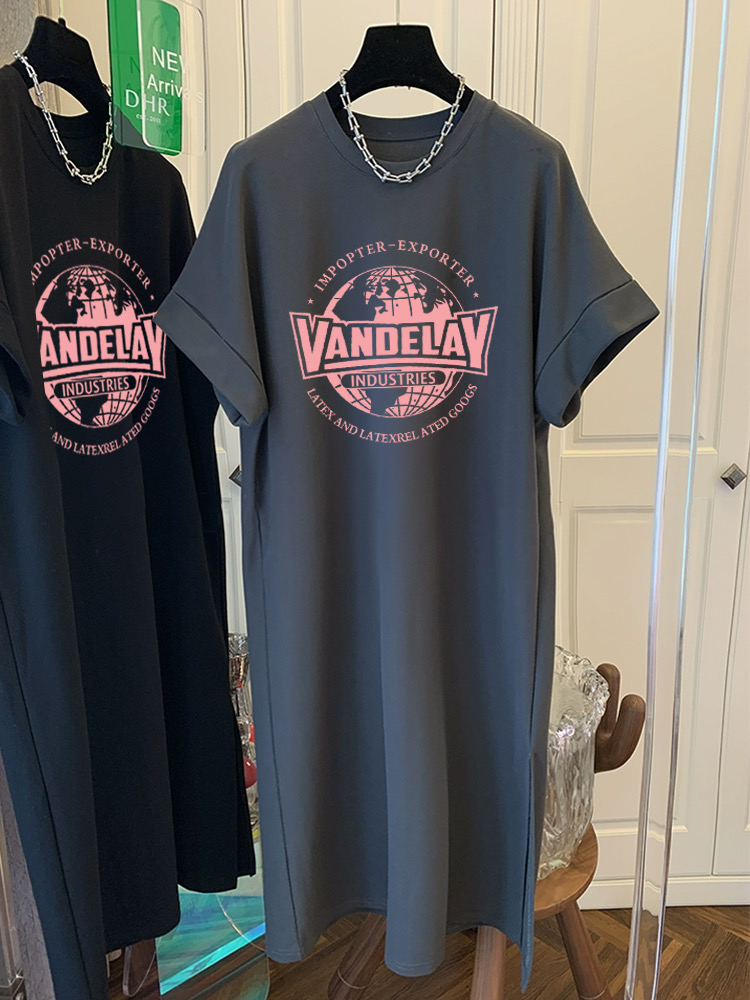 2024 New Lazy Style Korean Style Casual Dress Mid-Length Korean Letter Printed T-Shirt Dress Women Summer