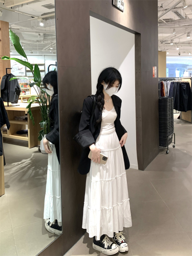 Actual shot#Simple casual loose suit jacket for women A-line high waist white cake skirt long skirt for women