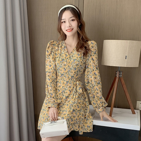 2024 New Autumn Skirt Floral Long Sleeve Dress Women's Retro French Style Slim A-Line Small Person