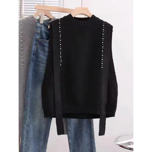 Quality Inspection Official Picture Round Neck Beaded Knitted Vest for Women's Outerwear New Design Niche Sleeveless Vest for Stacking