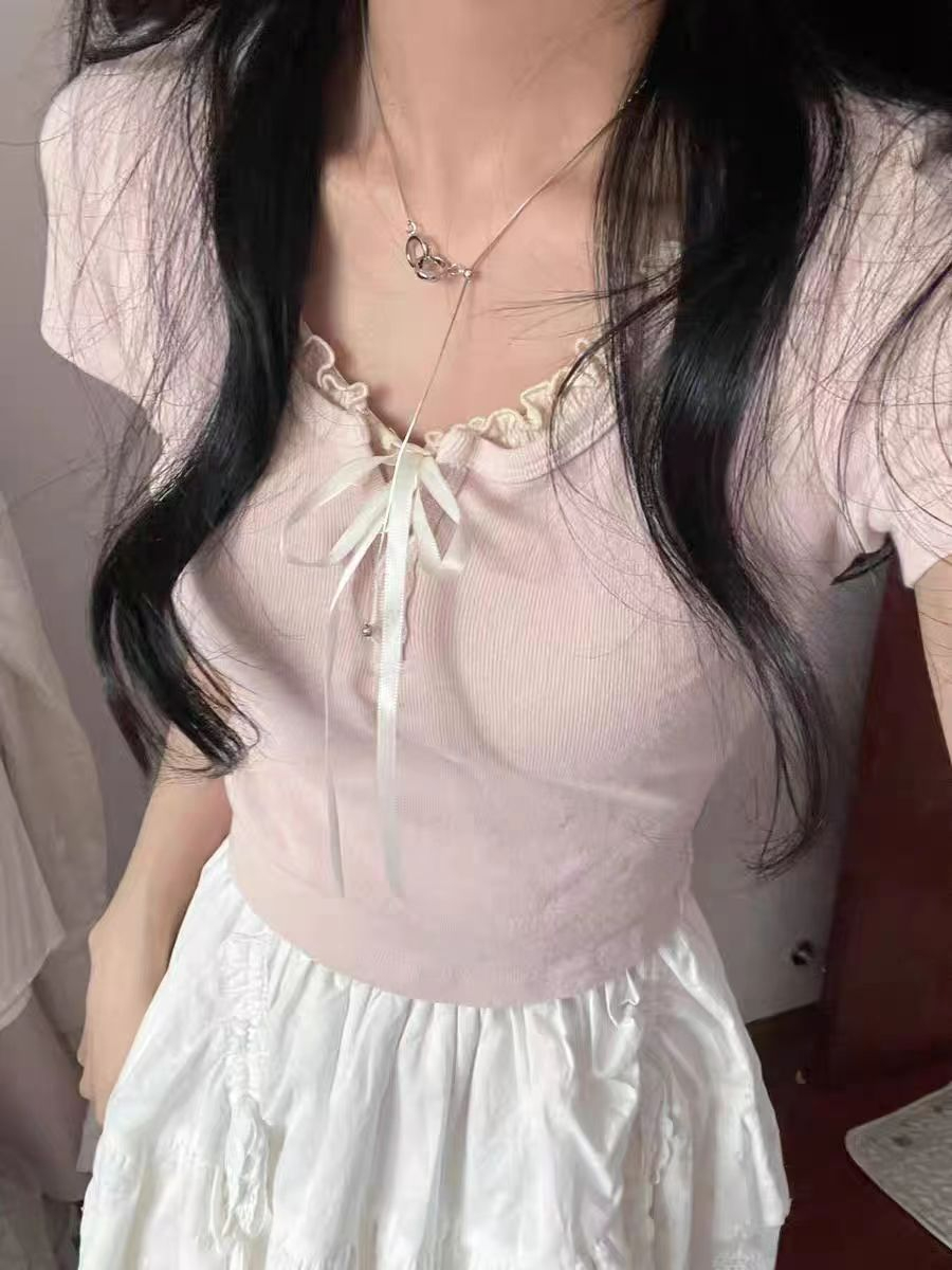 French gentle and sweet bow lace edge temperament slimming summer new versatile top for women