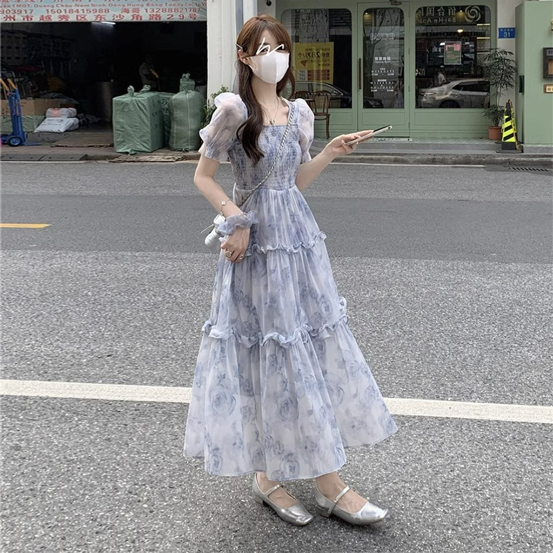 Plus size women's summer slimming and gentle style French floral super fairy sweet dress