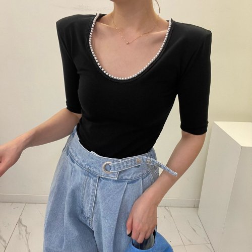 !  Summer new beaded clavicle top pullover round neck versatile short-sleeved T-shirt for women