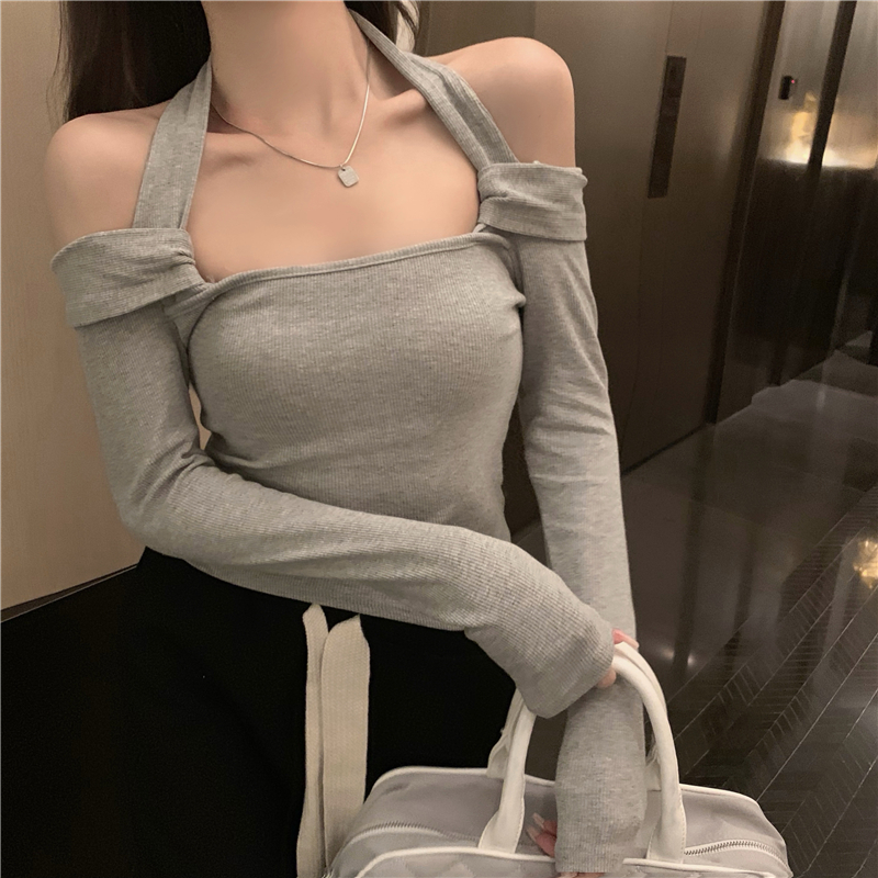 French halterneck one-shoulder top for women with niche chic early spring and autumn trend slim fit and versatile long sleeves