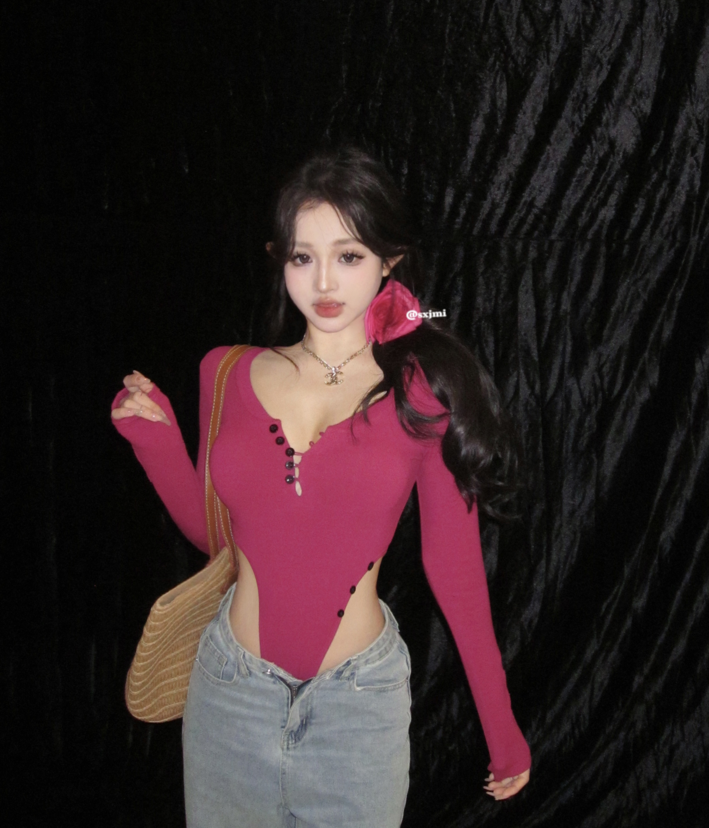 Real shot~Island girl design slim long-sleeved knitted T-shirt female pure desire waist slimming jumpsuit