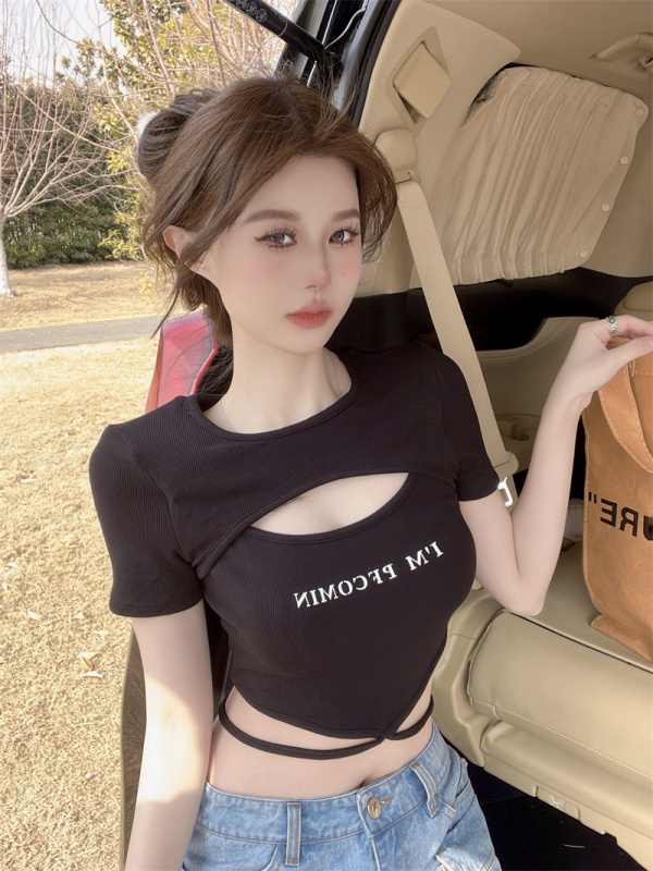 Original fabric printed hollow short-sleeved T-shirt high-waisted tight-fitting slim design niche strappy short top