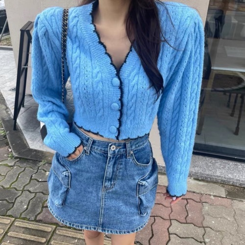 Korean spring new products 2024 Korean version versatile slimming lace V-neck single-breasted contrasting color long-sleeved knitted sweater for women