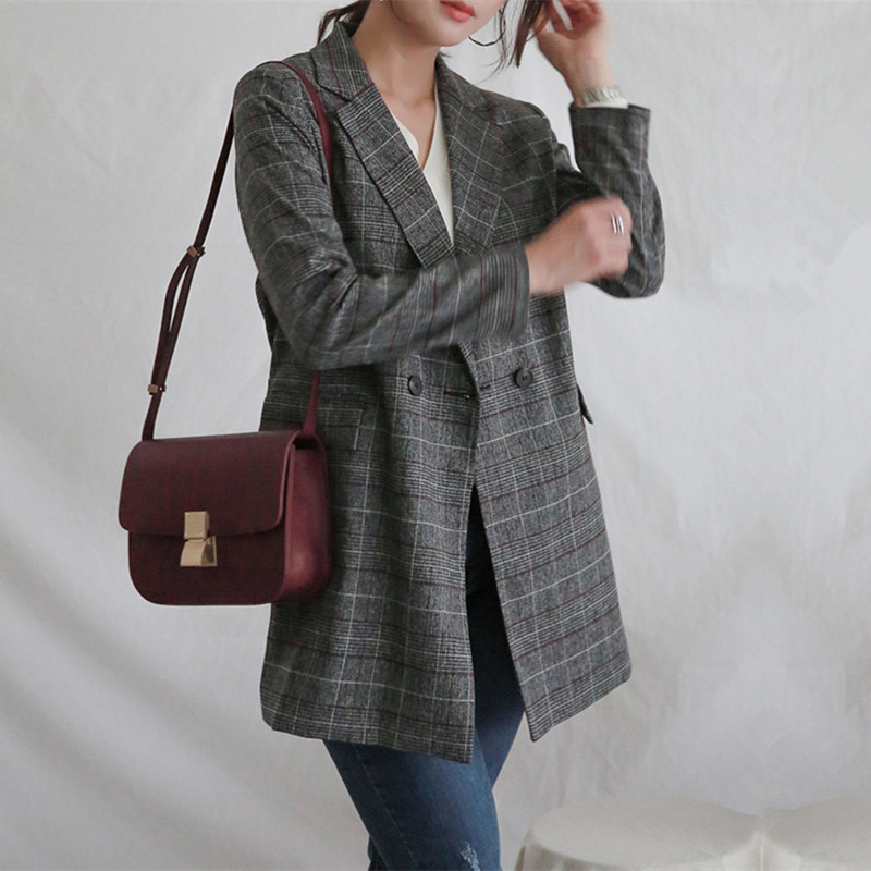 Korean style houndstooth double-breasted casual plaid suit top 2024 Spring New Simple Retro Small Suit Jacket for Women