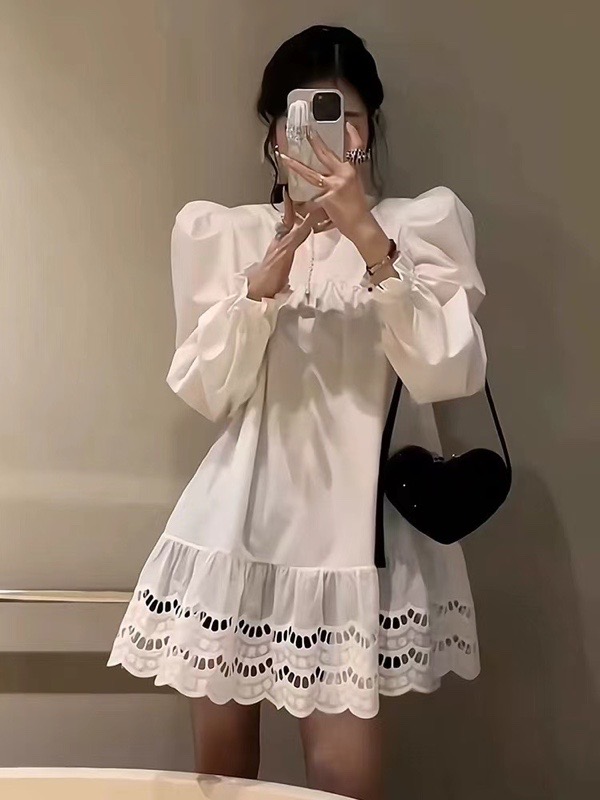 HTAURUS Korea Dongdaemun 2024 Spring New Korean Gentle Puff Sleeve Hem Hollow Dress Women
