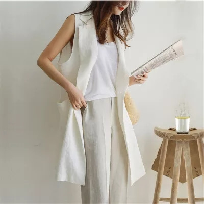 Single-breasted loose versatile vest vest jacket white 2024 spring and summer sleeveless suit vest linen mid-length women