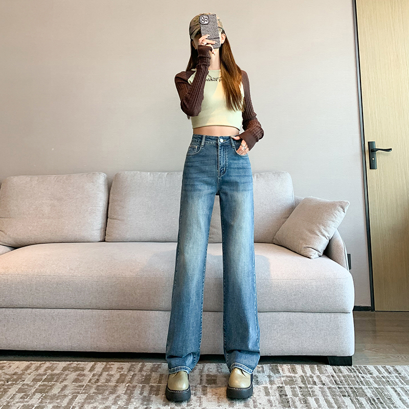 Actual shot of 2024 spring straight high-waisted slimming classic trousers versatile slimming jeans for women