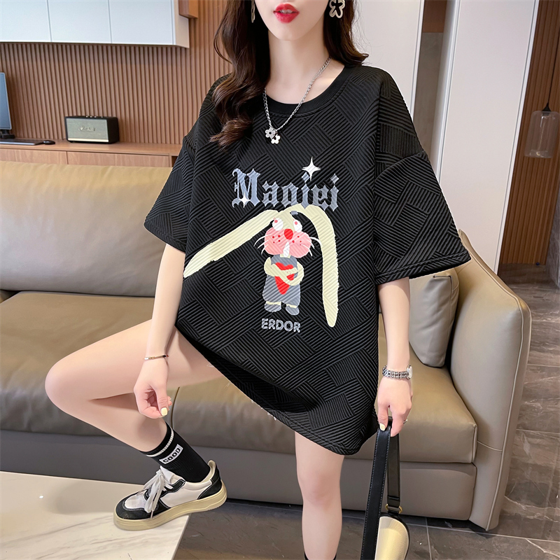 Real shot 2024 summer Korean style loose back bag collar jacquard cartoon print large size short-sleeved T-shirt for women