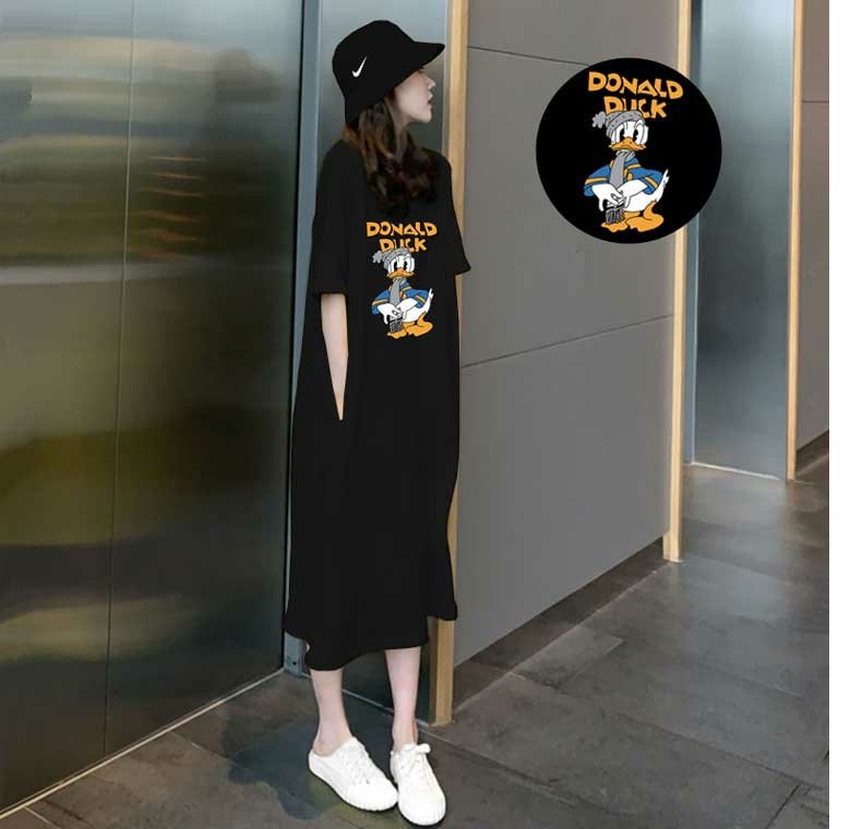 Summer new style loose half-sleeved T-shirt dress lazy over-the-knee long skirt plus size casual slit dress