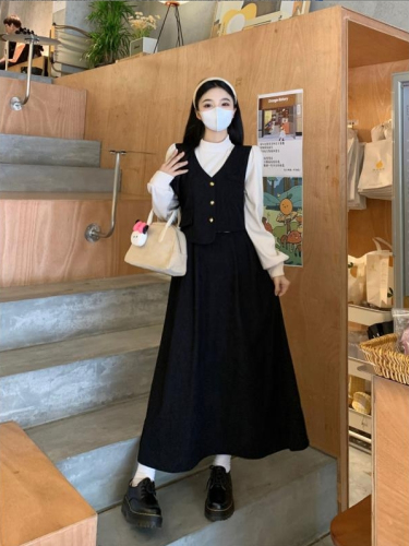 Large size French fake two-piece design long-sleeved dress for women 2024 new spring and autumn half-high collar long skirt