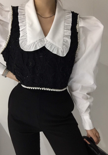 Korean chic small style short pearl vest + doll collar long-sleeved shirt