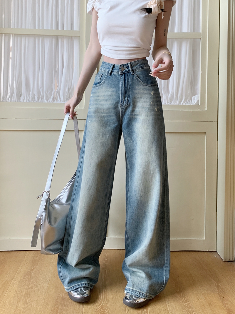 Actual shot#New retro washed denim trousers for women with high waist and wide feet and floor mopping trousers