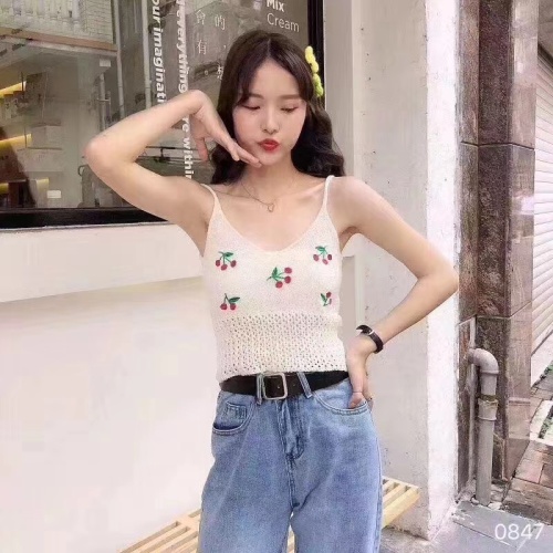2024 new style hollow cherry embroidered V-neck camisole slim fit outer bottoming short top·Trendy