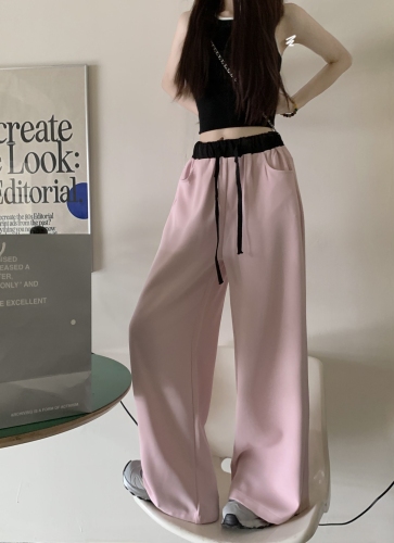 Real shot, real shot, black and pink fashionable casual suit pants, summer contrasting waist, slimming straight wide leg pants for women
