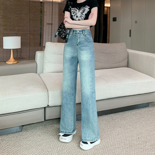 Actual shot ~ Retro blue wide-leg jeans for women in early spring, new hot girl loose and drapey high-waisted versatile straight trousers