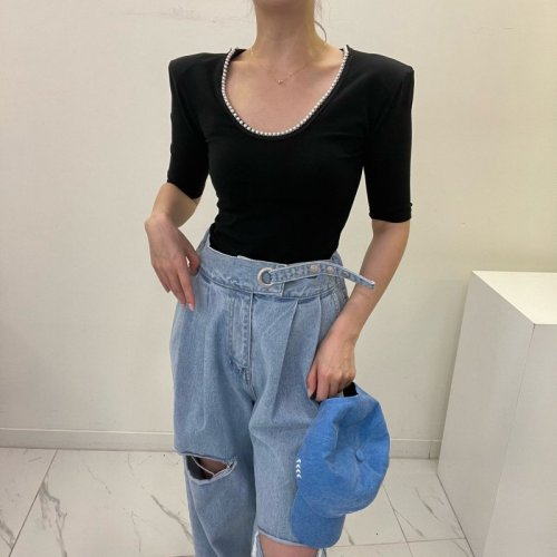 !  Summer new beaded clavicle top pullover round neck versatile short-sleeved T-shirt for women