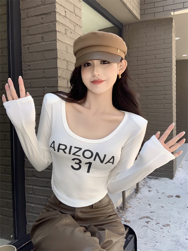 Real shot ~ Sweet hot girl short top, slim fit, long sleeves, brushed thickened bottoming shirt, long sleeve top for women