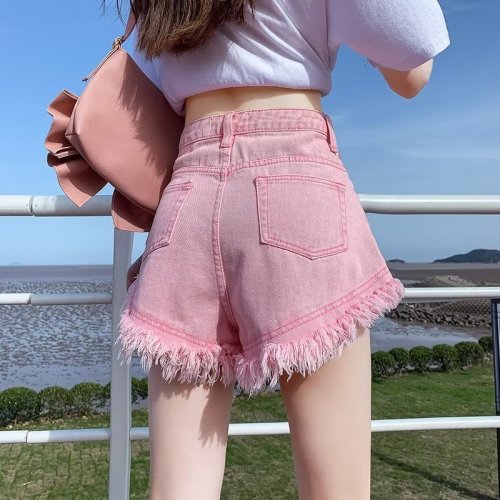 High-waisted pink denim shorts for women summer 2024 new high street ins trendy loose raw edge a-line slimming hot pants