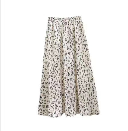 Korean style pleated floral skirt for women 2024 summer high waist slim skirt retro mid-length large hem a-line skirt