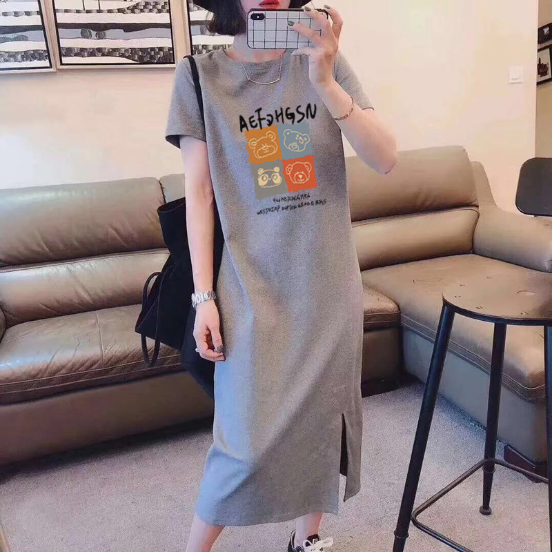 2024 summer new style pure cotton short-sleeved T-shirt dress Korean style loose large size mid-length over-the-knee long skirt dress for women