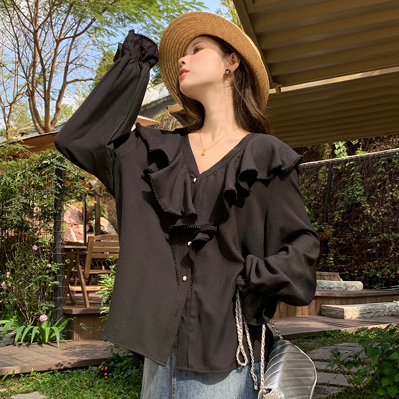 Plus size women's Korean style loose sweet shirt V-neck solid color elegant plus size shirt top