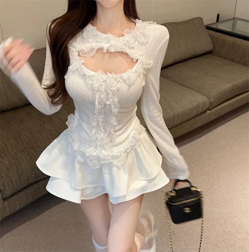 Real shot of heavy textured hollow lace top + versatile elastic waist skirt