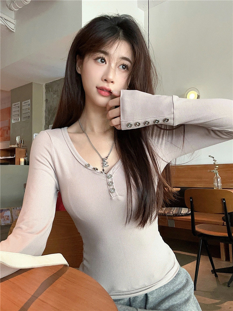 Actual shot~Spring style~Solid color button pullover long-sleeved T-shirt spring slim-fitting inner top