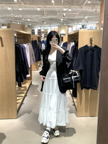 Actual shot#Simple casual loose suit jacket for women A-line high waist white cake skirt long skirt for women