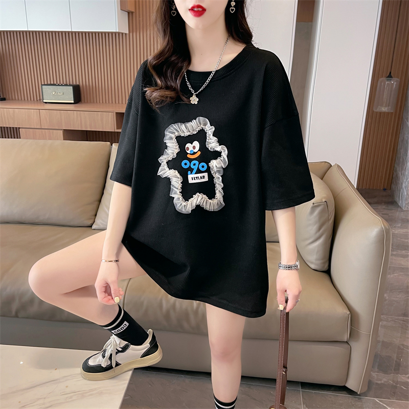 Actual shot of summer new Korean style loose back collar waffle grace lace cartoon large size short-sleeved T-shirt for women