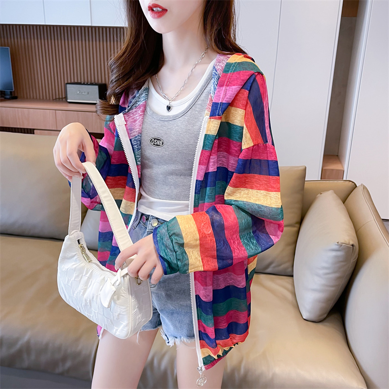 Real shot of ice silk nano silk thin mid-length loose cardigan zipper sun protection hooded jacket for women