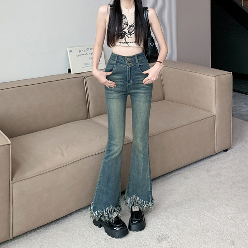 Real shot of high-waisted slightly booted jeans for women in spring and autumn, new thin and small elastic tassel raw edge flared pants