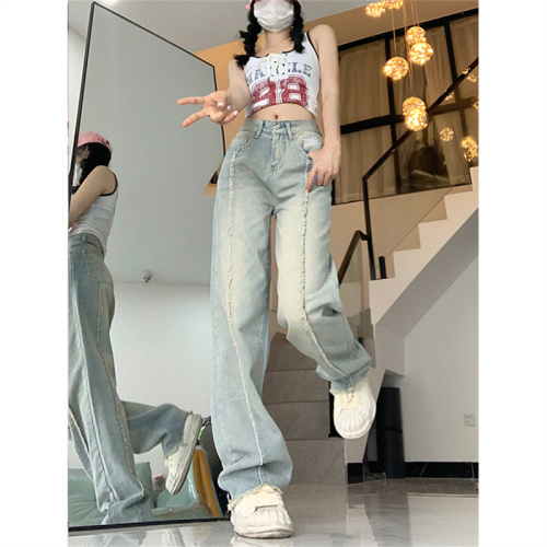 Actual shot of 2024 summer American-style yellow mud blue jeans for women, raw edge high-waist slim straight pants, loose wide-leg trousers