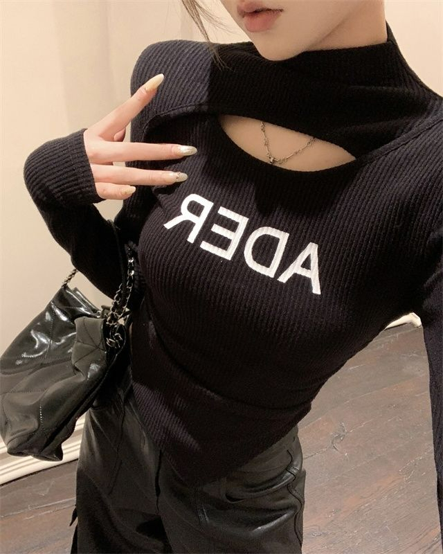 Hong Kong style sweet girl slimming long-sleeved letter hollow pleated waist irregular brushed top for women